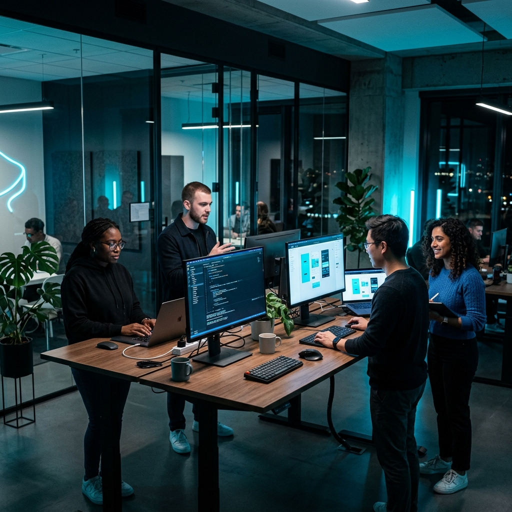 Latincodee team working in a modern office with code on screens